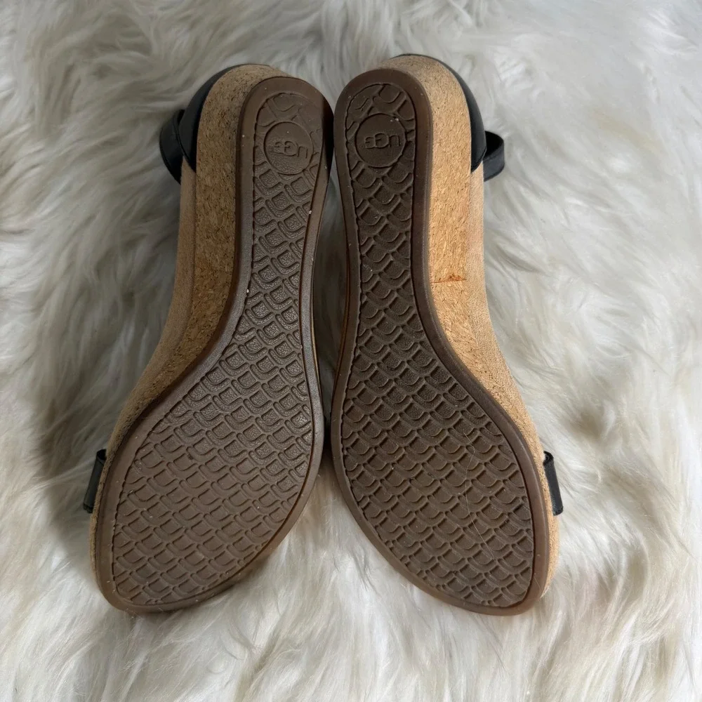 UGG Zoe II Black Leather‎ Cork Wedge Sandals Ankle Strap 101179V Size 9.5